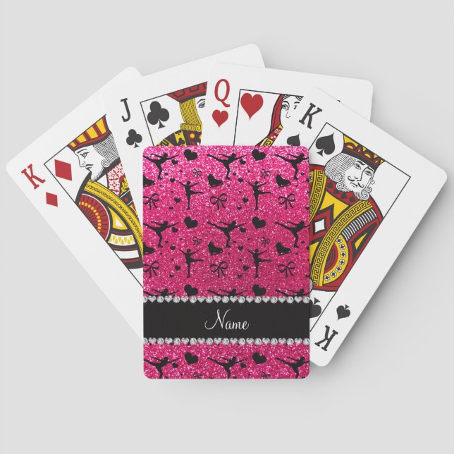 Custom name rose pink glitter figure skating playing cards (Back)