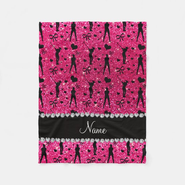 Custom name rose pink glitter golf hearts bows fleece blanket (Front)