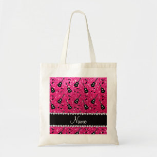 Custom name rose pink glitter guitars music notes tote bag