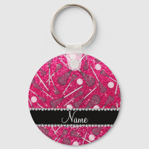 Custom name rose pink glitter lacrosse sticks key ring