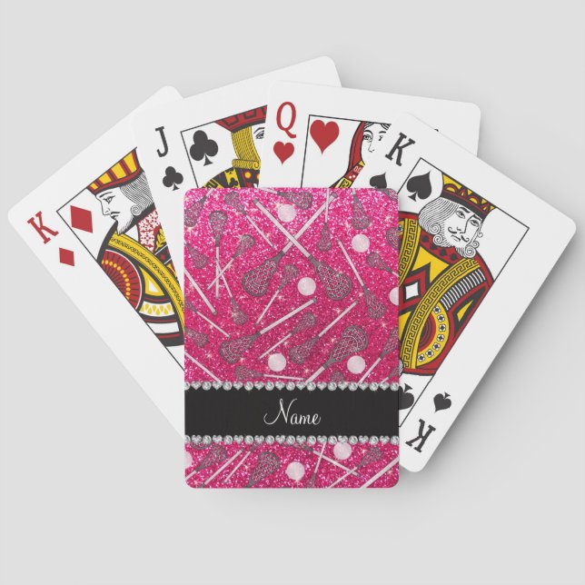 Custom name rose pink glitter lacrosse sticks playing cards (Back)