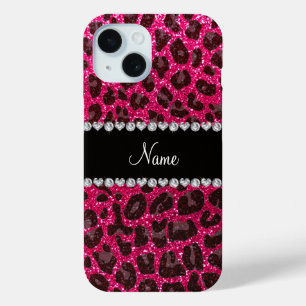 Custom name rose pink glitter leopard print iPhone 15 case