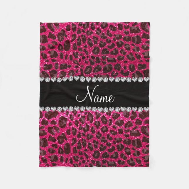 Custom name rose pink glitter leopard print fleece blanket (Front)