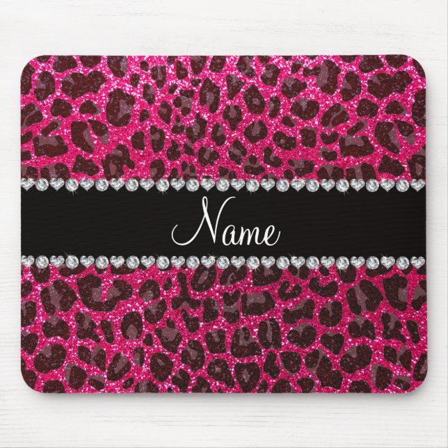 Custom name rose pink glitter leopard print mouse mat (Front)