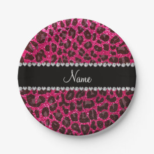 Custom name rose pink glitter leopard print paper plate