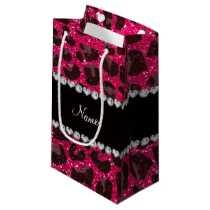 Custom name rose pink glitter leopard print small gift bag