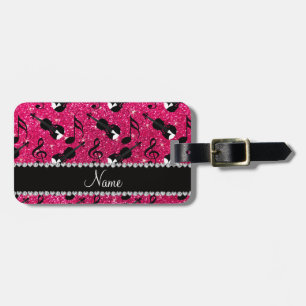 Custom name rose pink glitter violins music notes luggage tag