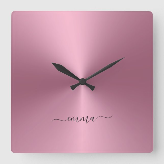 Custom Name Rosegold Metallic Style Acrylic Square Wall Clock (Front)