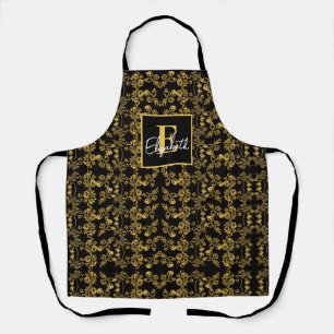 Custom Name Royal Black & Gold Baroque Floral Apron