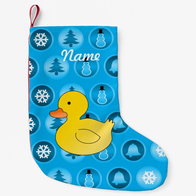 Custom name rubber duck blue christmas circles small christmas stocking (Front)