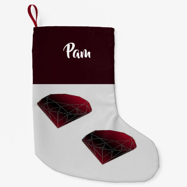 Custom name ruby red gemstones small christmas stocking (Front)