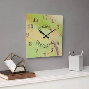 Custom Name Rustic Garage Workshop Green Patina Square Wall Clock