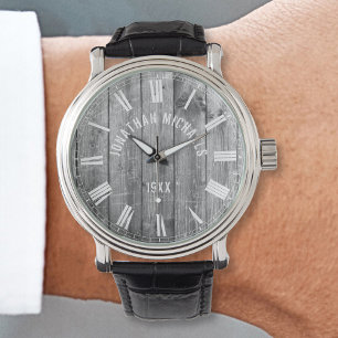Custom Name Rustic Grey Wood Farmhouse Watch