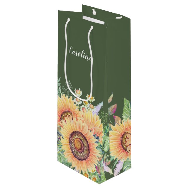 Custom Name | Rustic Sunflowers Wedding Wine Gift Bag (Front Angled)