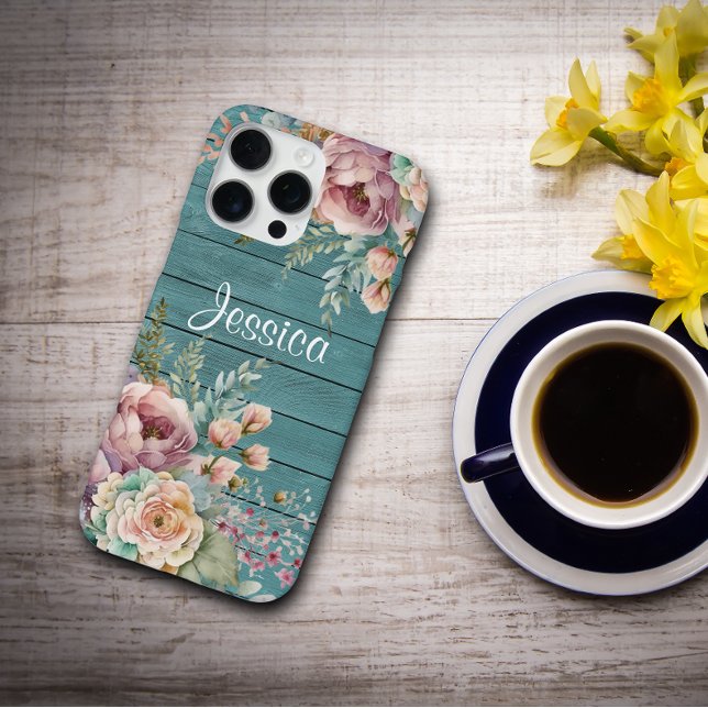 Custom Name Rustic Teal Wood Floral Personalized iPhone Case (Creator Uploaded)