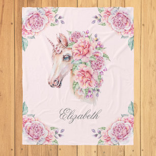 Custom Name Rustic Watercolor Floral Unicorn Girls Fleece Blanket