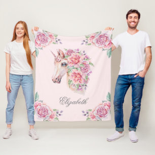 Custom Name Rustic Watercolor Floral Unicorn Girls Fleece Blanket