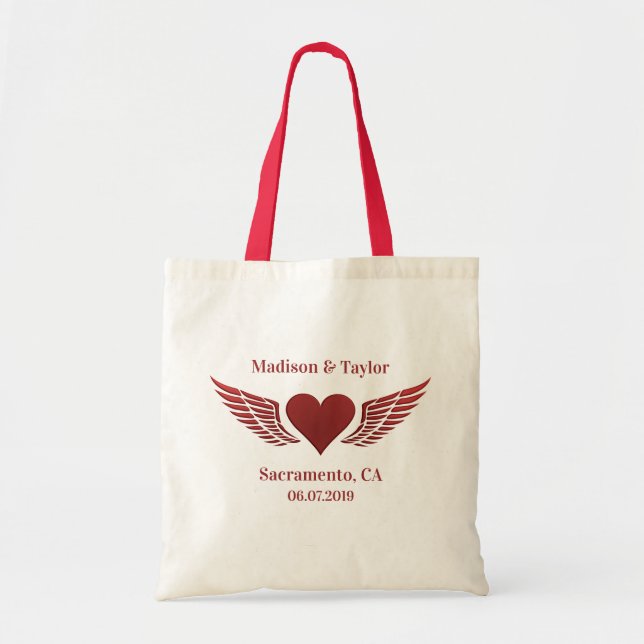 Custom name(s), location & date Wings of Love bags (Front)