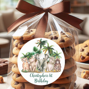 Custom Name Safari Animals Palm Trees Classic Round Sticker