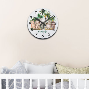 Custom Name Safari Animals Palm Trees Nursery Round Clock