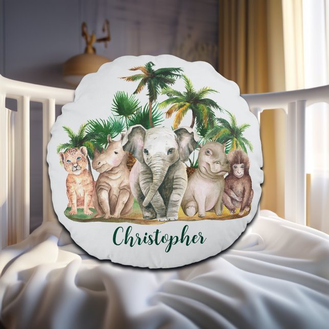 Custom Name Safari Animals Palm Trees Round Cushion (Creator Uploaded)