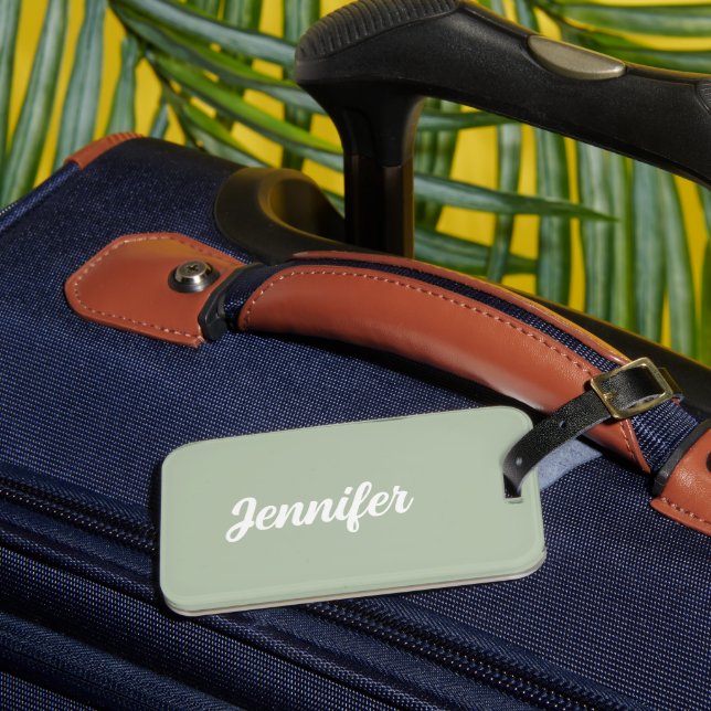 Custom name sage green modern luggage tag (Front Insitu 3)