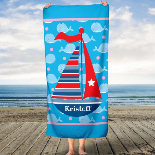 Custom Name Sailboat Kid's Boy's Bath Towel (Creator Uploaded)