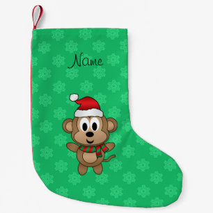 Custom name santa monkey green snowflakes small christmas stocking