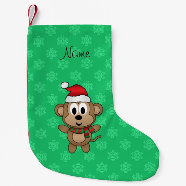 Custom name santa monkey green snowflakes small christmas stocking (Front)