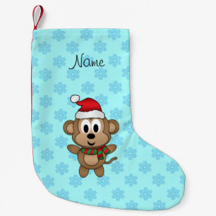 Custom name santa monkey light blue snowflakes small christmas stocking