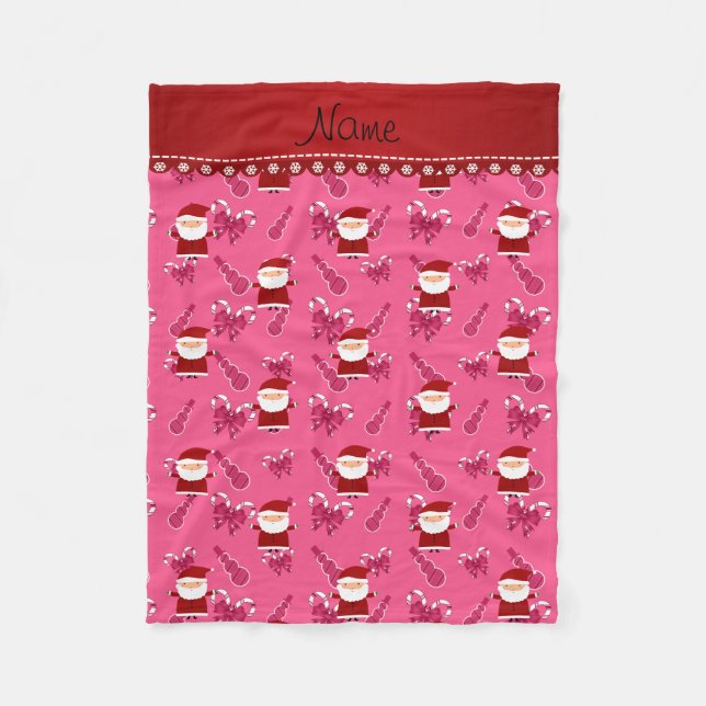 Custom name santa pink snowmen candy canes fleece blanket (Front)