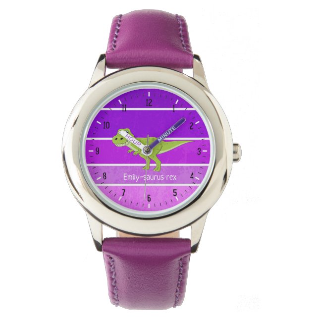 Custom name saurus t rex purple pink dinosaur girl watch (Front)