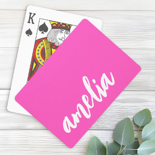 Custom name script bold hot pink and white playing cards