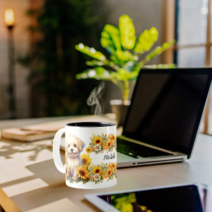 custom name script flowers cute puppy dog drawing Two-Tone coffee mug