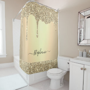 Custom Name Script Gold Glitter Drips Luxury Shower Curtain