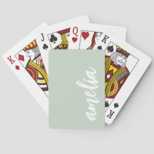 Custom name script light sage green and white playing cards