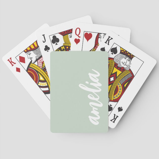 Custom name script light sage green and white playing cards (Back)