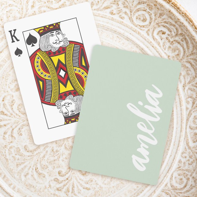 Custom name script light sage green and white playing cards (Custom name script light sage green and white poker cards)