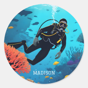 Custom Name Scuba Diver Classic Round Sticker