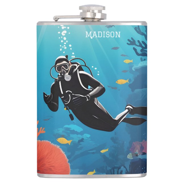 Custom Name Scuba Diver Hip Flask (Front)