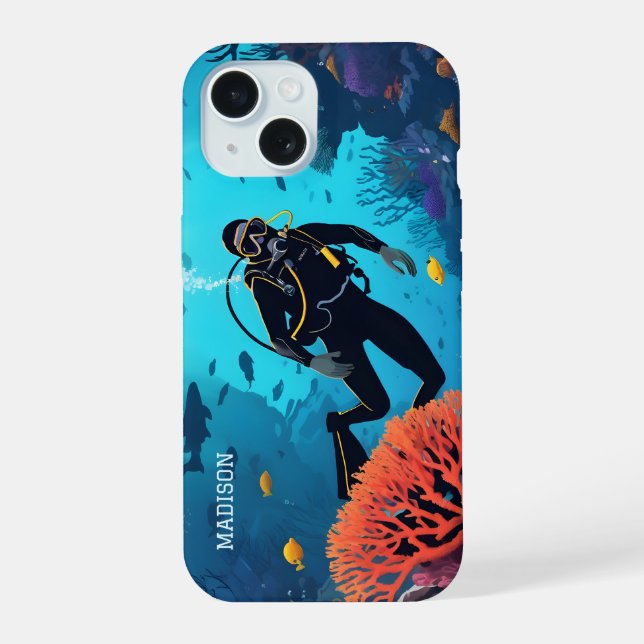 Custom Name Scuba Diver iPhone 15 Case (Back)