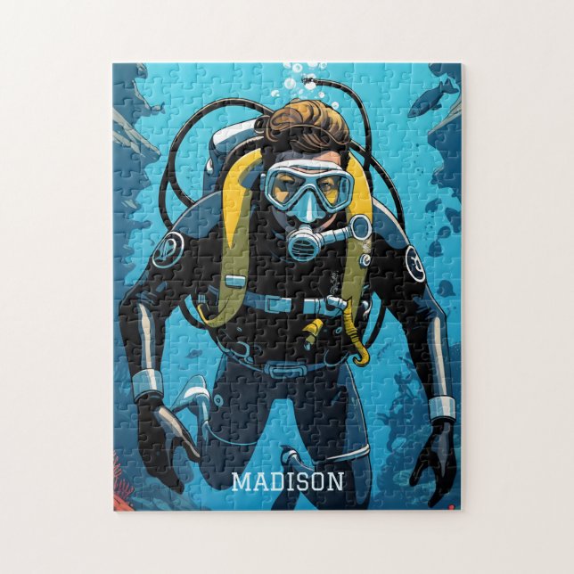 Custom Name Scuba Diver Jigsaw Puzzle (Vertical)