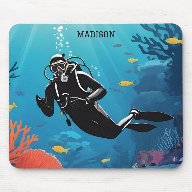 Custom Name Scuba Diver Mouse Mat (Front)