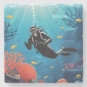 Custom Name Scuba Diver Stone Coaster