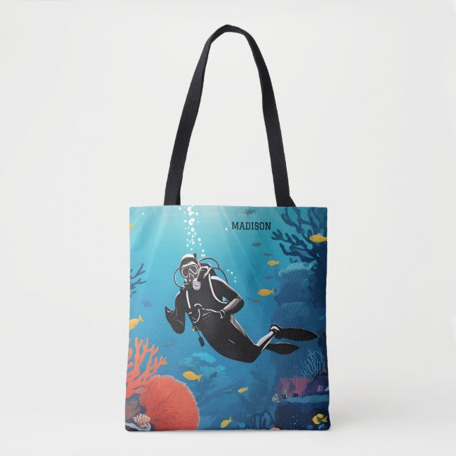 Custom Name Scuba Diver Tote Bag (Front)