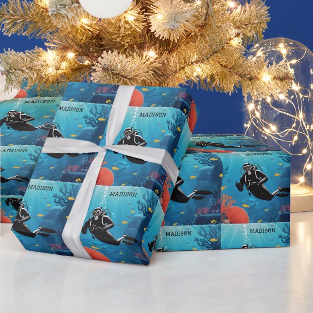 Custom Name Scuba Diver Wrapping Paper (Holidays)