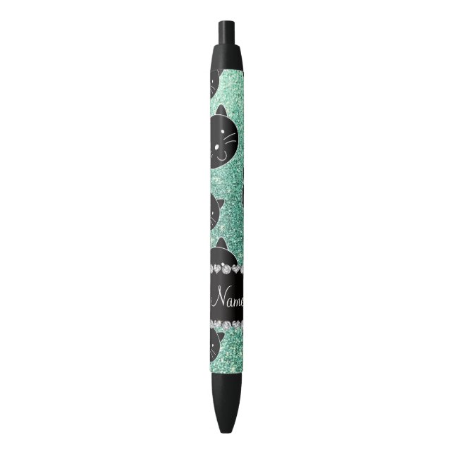 Custom name seafoam green glitter black cat faces black ink pen (Front Vertical)