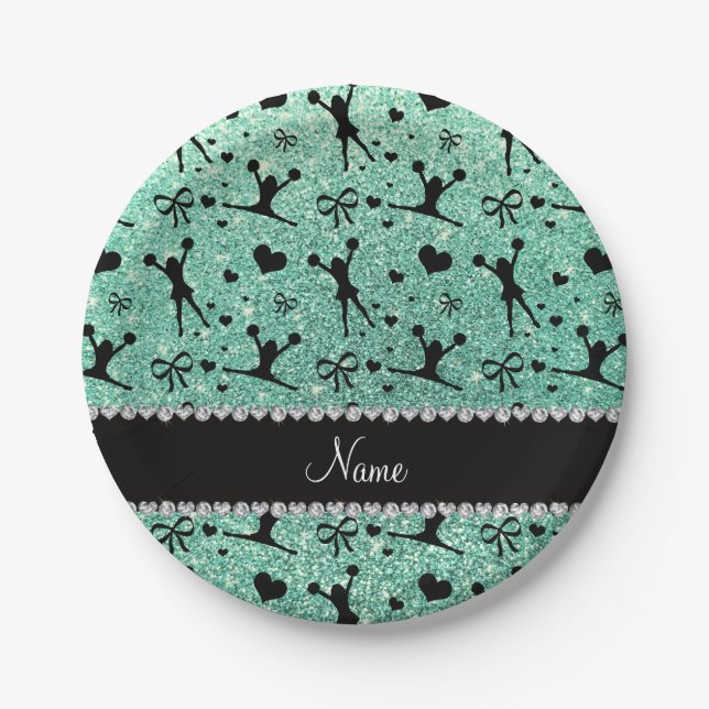 Custom name seafoam green glitter cheerleading paper plate (Front)