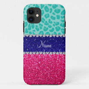 Custom name seafoam green leopard pink glitter iPhone 11 case