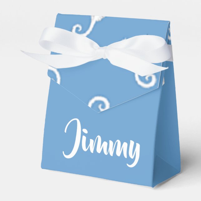 Custom name seahorses on  blue favour box (Front Side)
